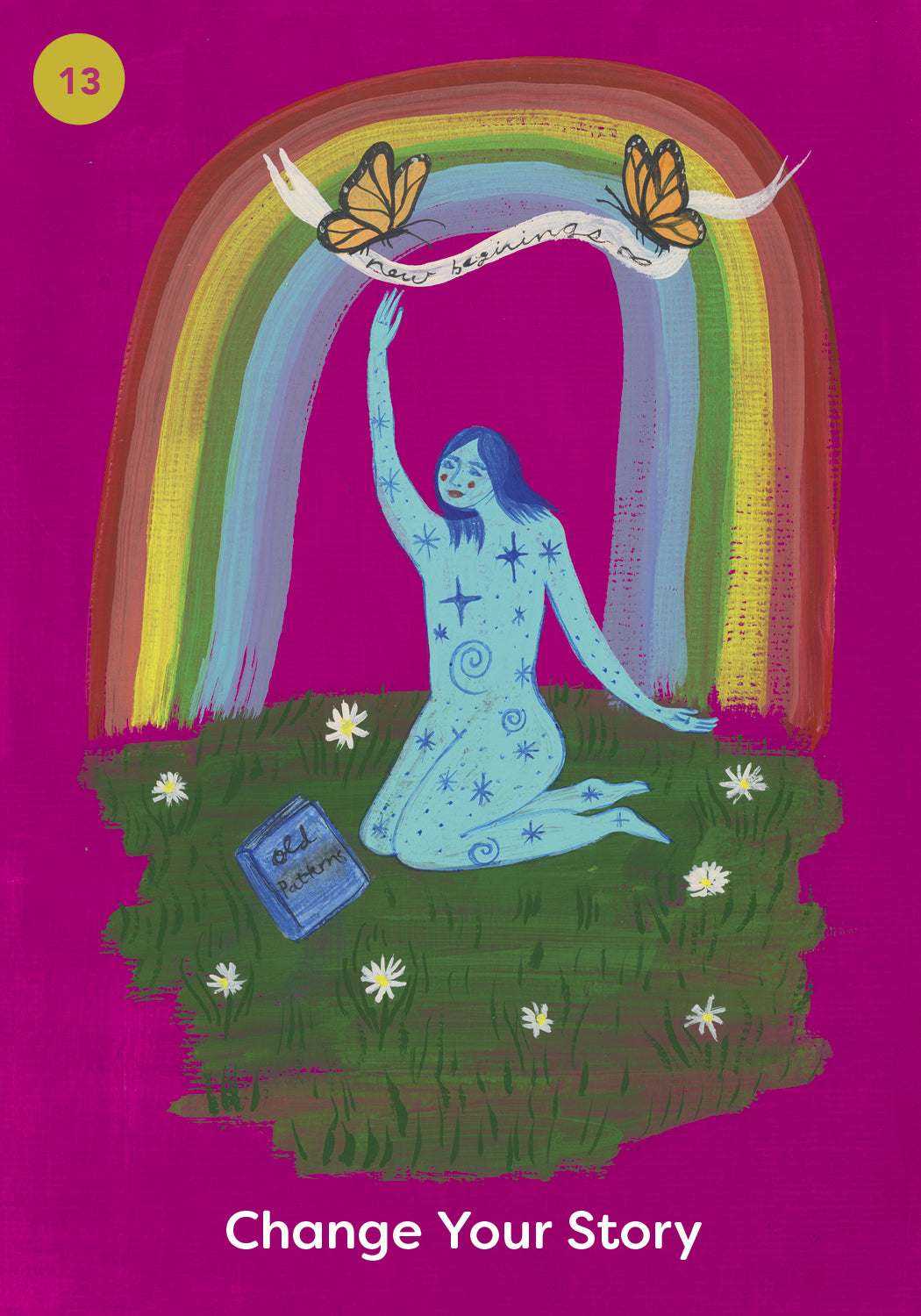 Illustration of a person with a rainbow and butterflies on a purple background, with text 'Change Your Story'.