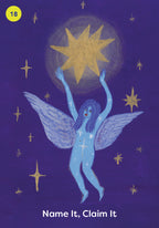 Illustration of a winged figure holding a star against a purple background with stars.