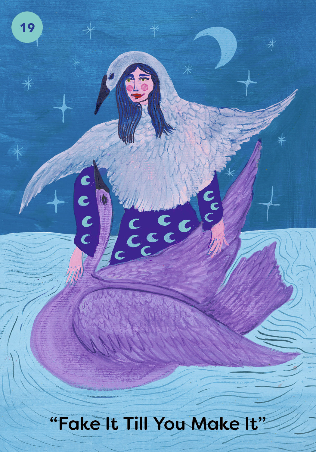 Illustration of a person with a bird-like head and purple fish tail against a starry night sky.