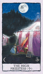 Tarot card titled 'The High Priestess' with a woman standing under a tent at night.