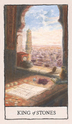 Illustration of a room with a window view of a cityscape, featuring the text 'King of Stones'.