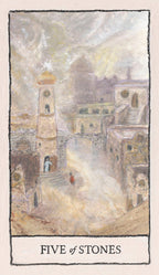 Vintage-style illustration of a town with a tower, labeled 'Five of Stones'.