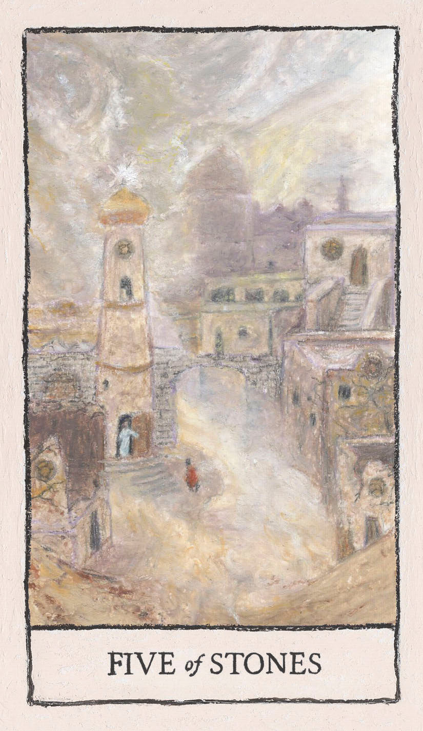 Vintage-style illustration of a town with a tower, labeled 'Five of Stones'.