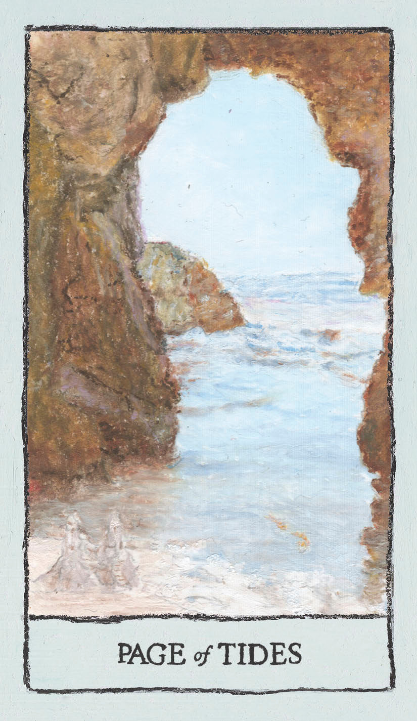 Artistic depiction of a coastal scene with cliffs and water, labeled 'Page of Tides'.