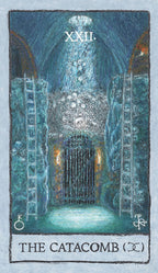 Tarot card titled 'The Catacomb' with a dark, eerie interior design.
