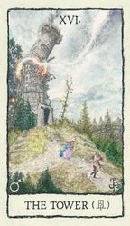 Tarot card titled 'The Tower' with a tower on fire and people running away in a forest setting.