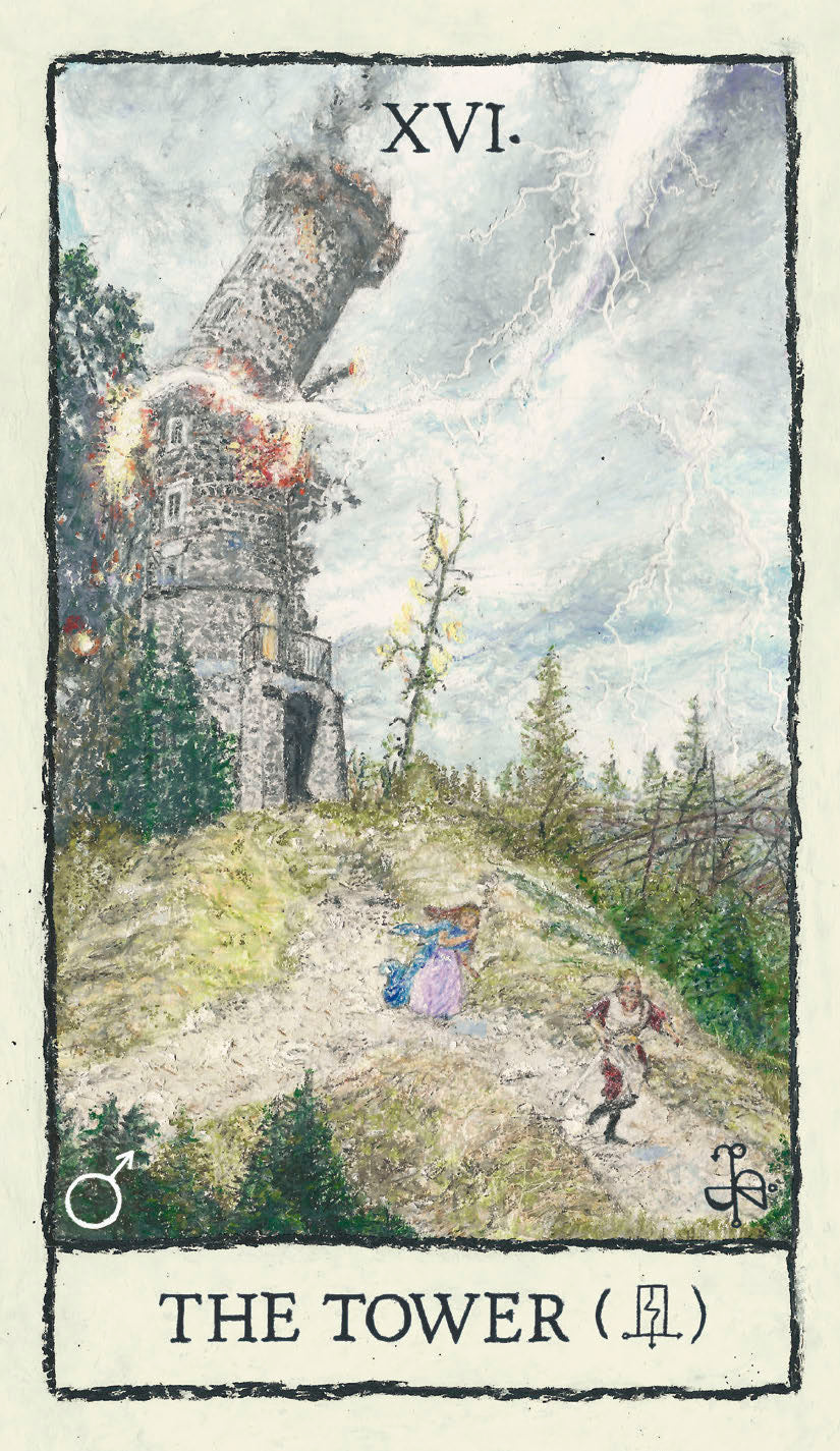 Tarot card titled 'The Tower' with a tower on fire and people running away in a forest setting.