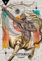Illustration of Sagittarius from astrology with geometric designs and color blocks.