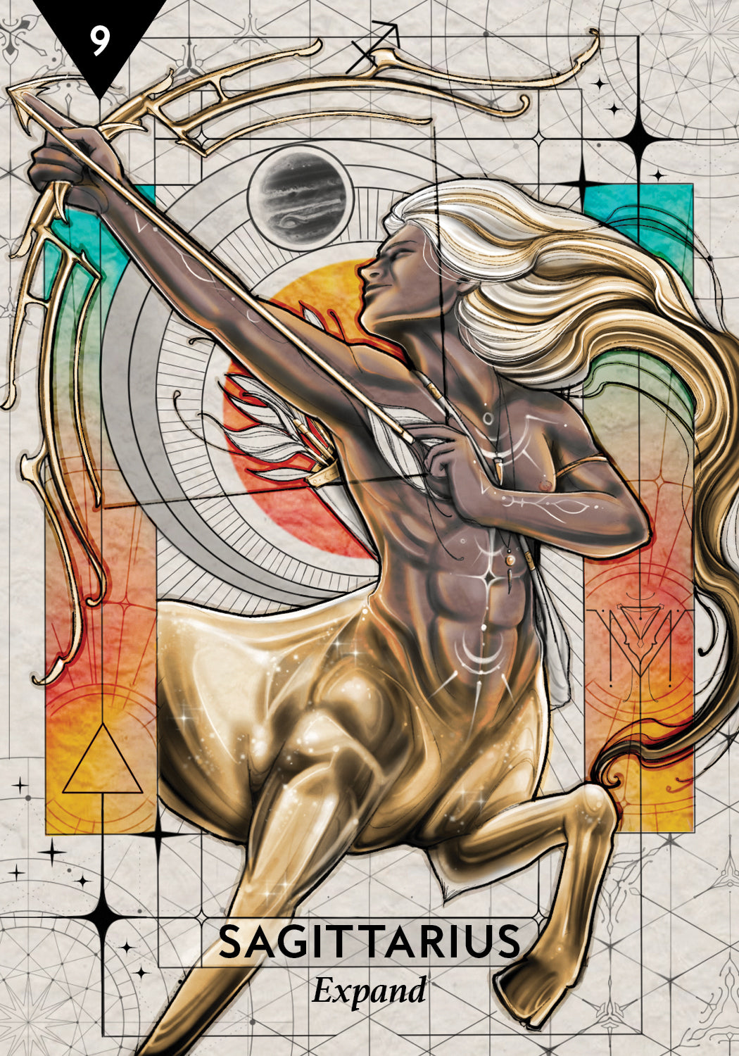 Illustration of Sagittarius from astrology with geometric designs and color blocks.