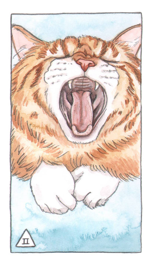 Illustration of a yawning cat with a blue watercolor background