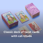 Cat-themed tarot card deck with cards and box on a blue gradient background