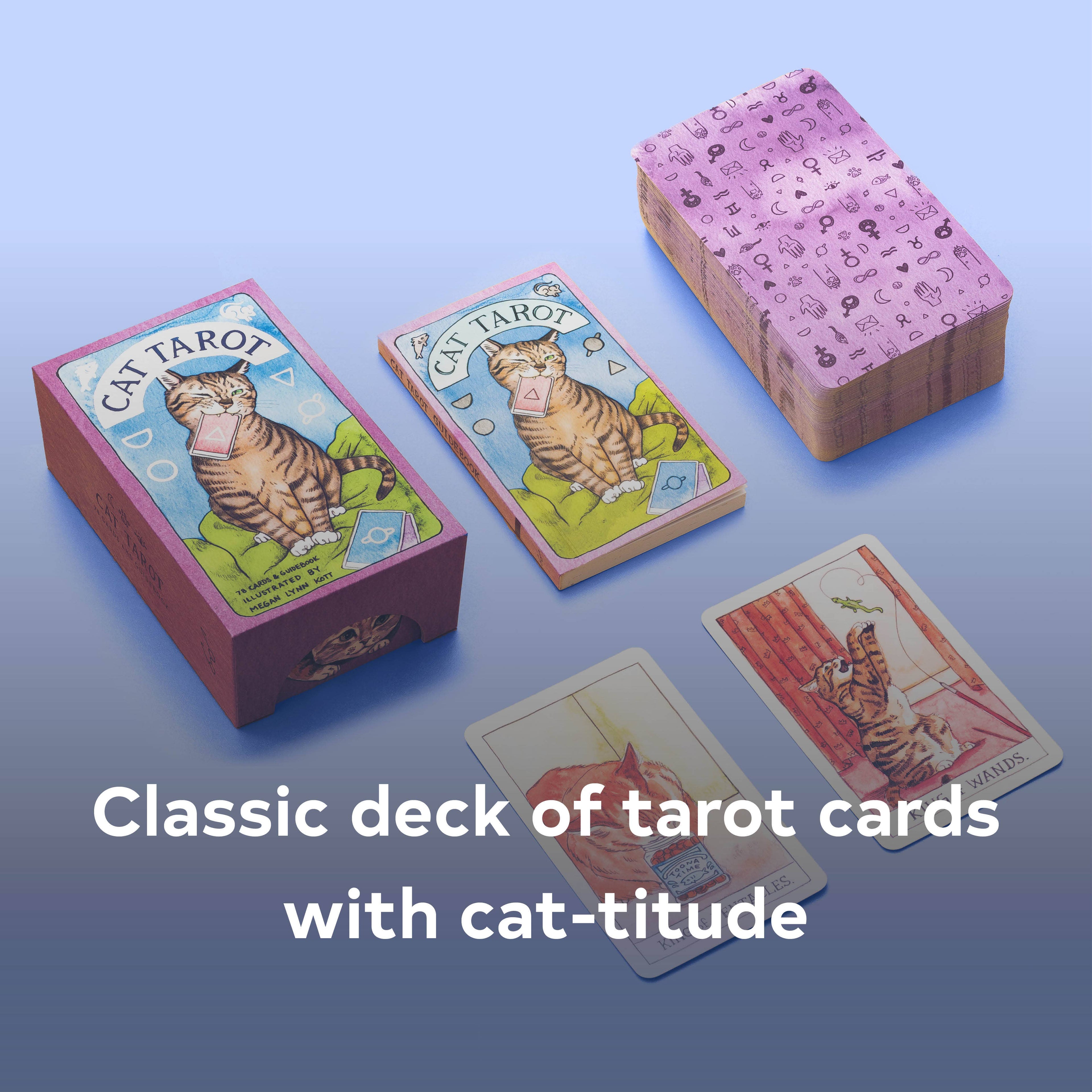 Cat-themed tarot card deck with cards and box on a blue gradient background