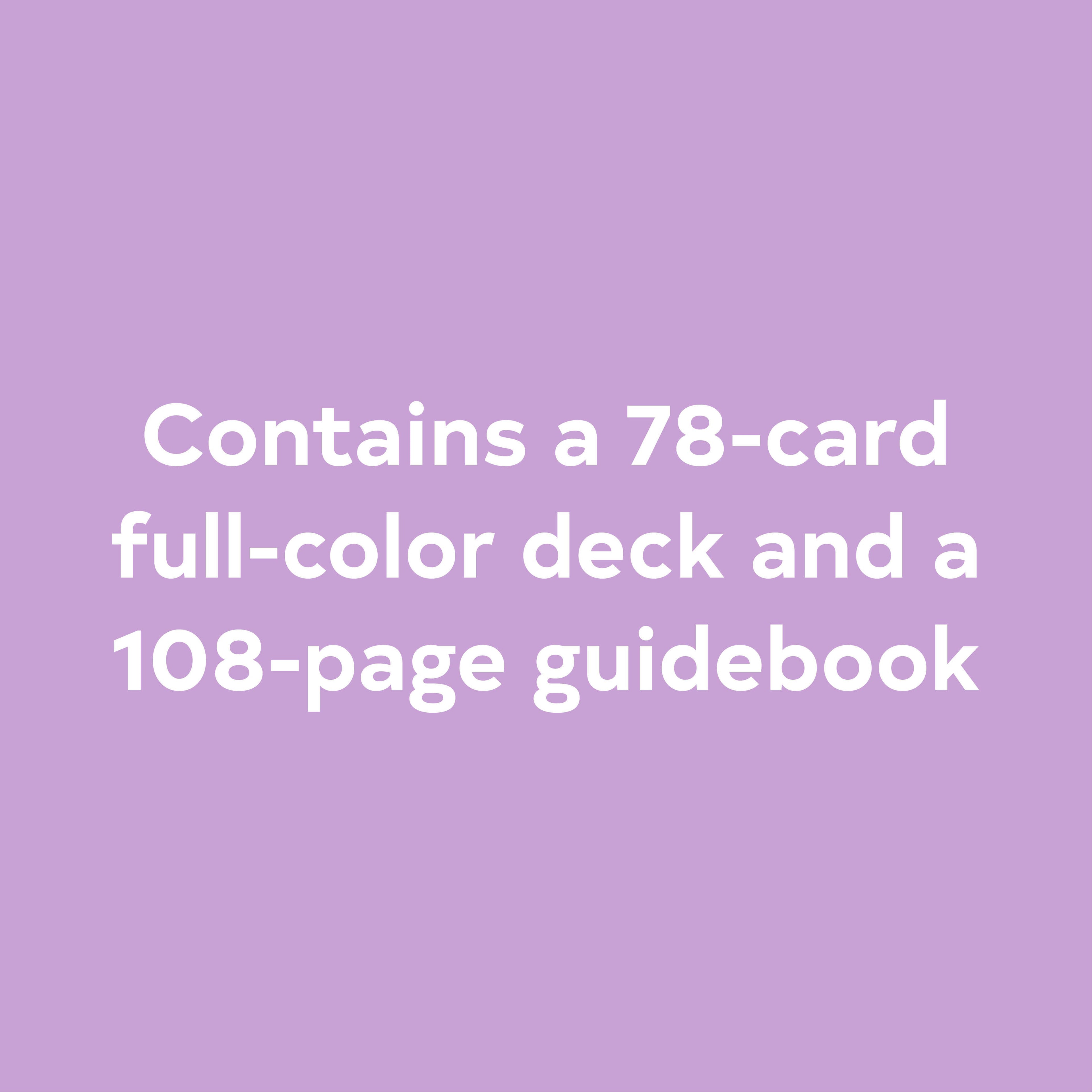 Text on a purple background indicating a 78-card full-color deck and a 108-page guidebook.