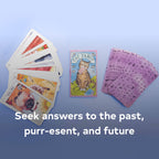 Cat-themed tarot cards on a blue background with text 'Seek answers to the past, purr-esent, and future'.