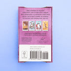 Back of a tarot card box with illustrations and text on a light blue background