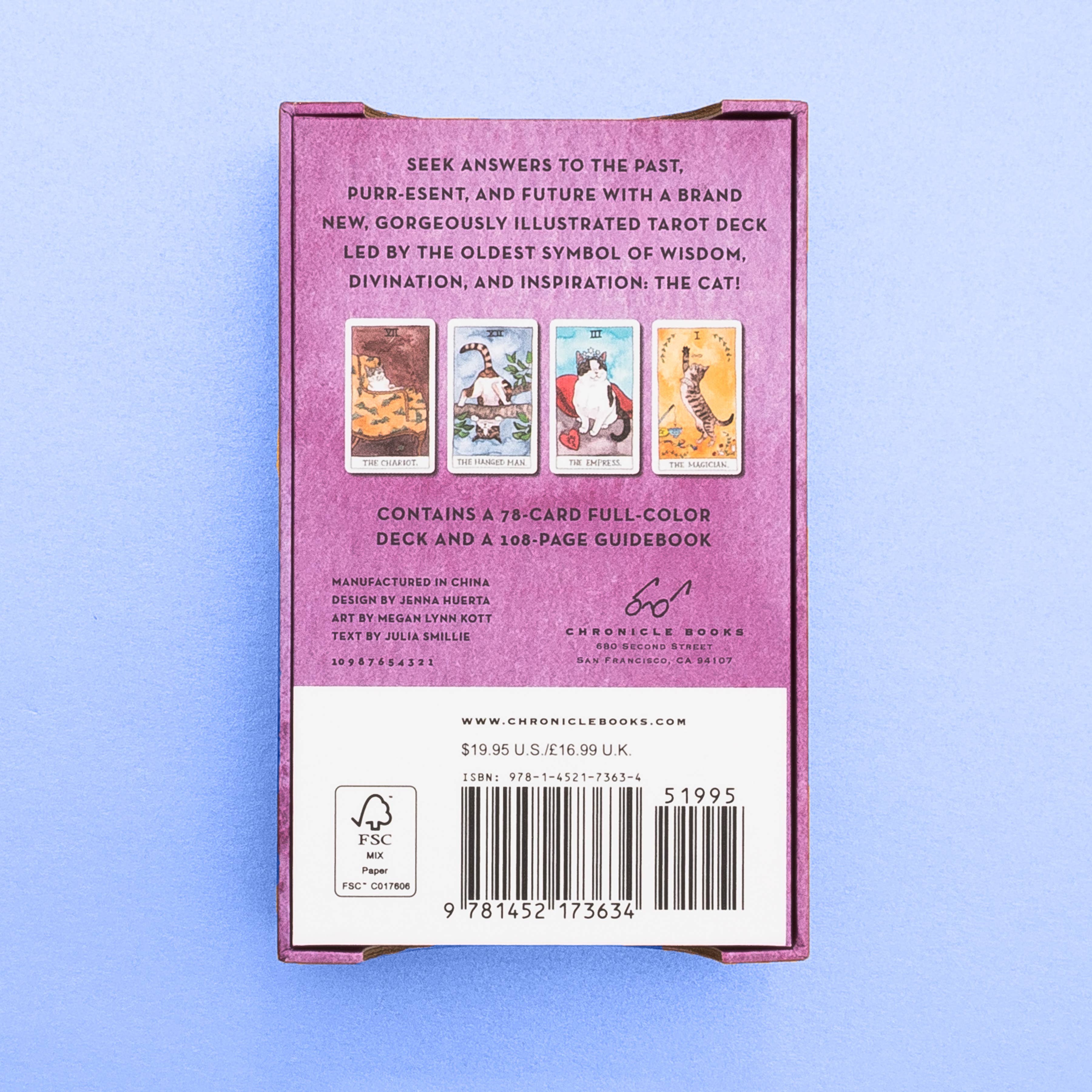 Back of a tarot card box with illustrations and text on a light blue background