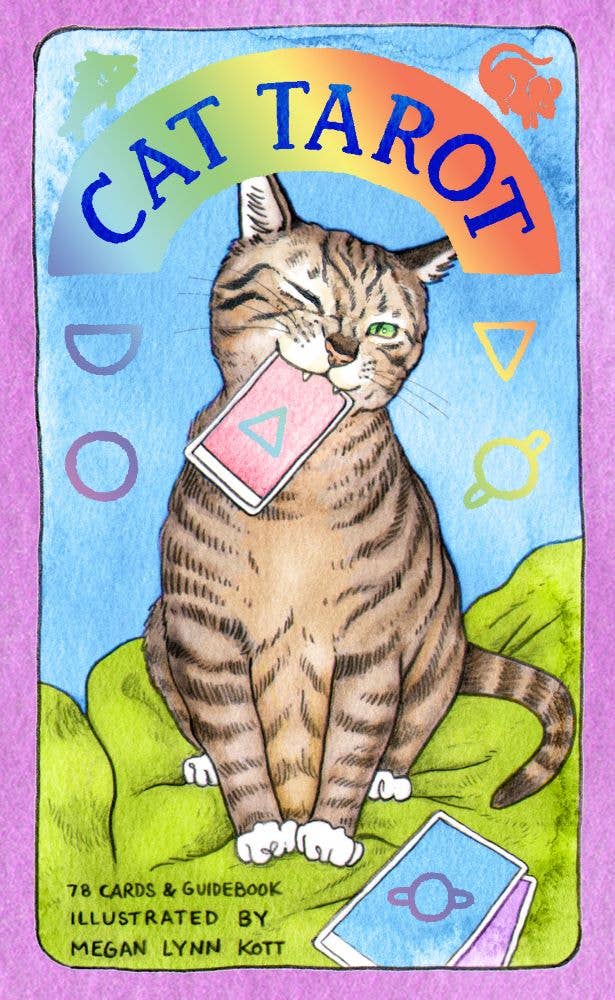 Cat Tarot card with a cat holding a card, surrounded by colorful elements on a pink background.
