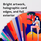 Colorful card with artistic design and text about card features