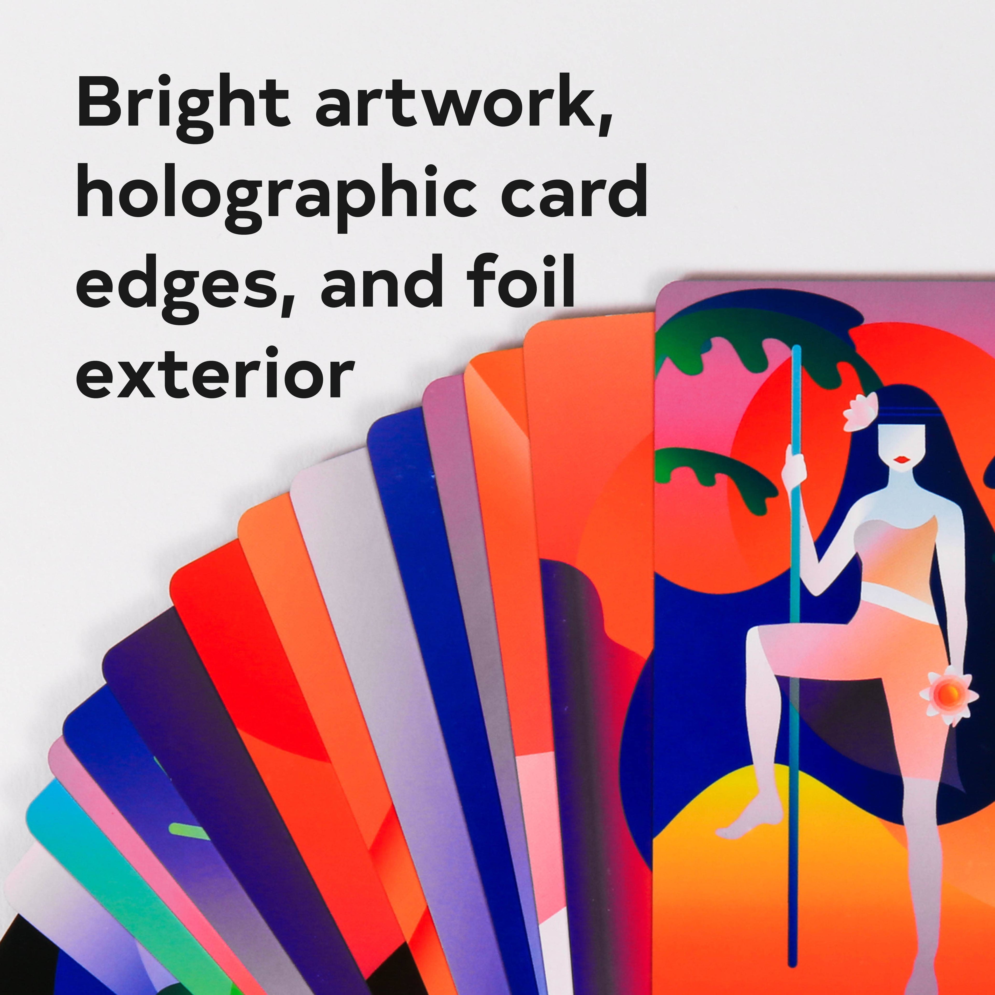 Colorful card with artistic design and text about card features