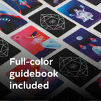 Collection of colorful tarot cards with a full-color guidebook included text overlay.