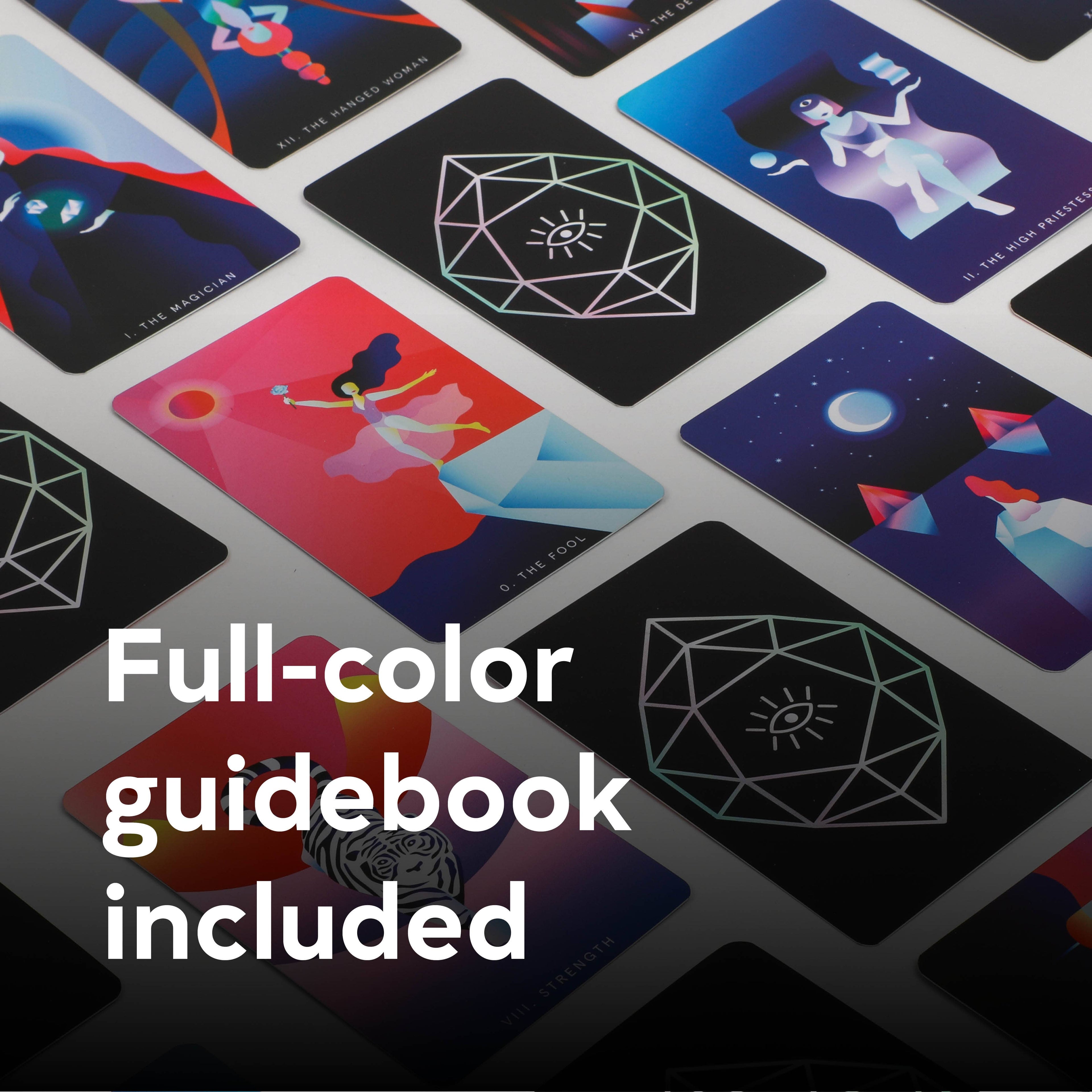 Collection of colorful tarot cards with a full-color guidebook included text overlay.
