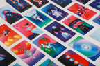 Colorful tarot cards arranged on a white surface