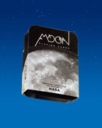 Moon playing cards packaging with NASA reference on a blue starry background