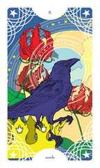 Colorful tarot card with a crow, red flowers, and abstract design