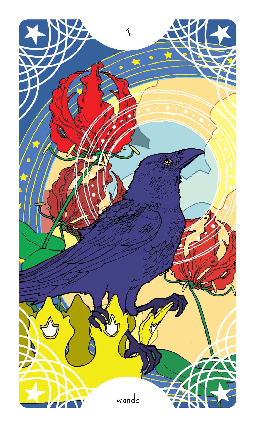 Colorful tarot card with a crow, red flowers, and abstract design