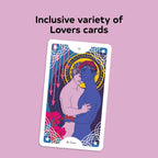 Card from a tarot deck with two people embracing, set against a pink background with text 'Inclusive variety of Lovers cards'.