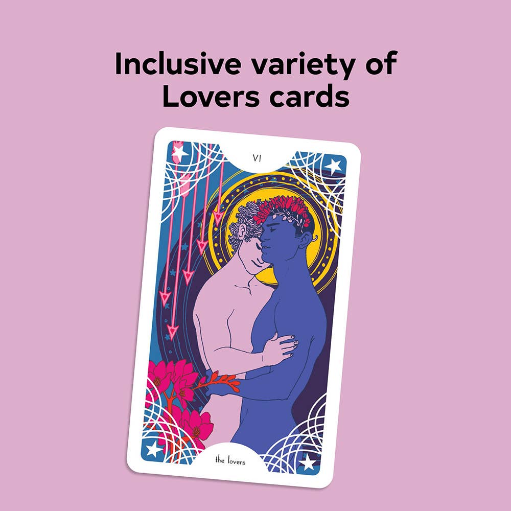 Card from a tarot deck with two people embracing, set against a pink background with text 'Inclusive variety of Lovers cards'.