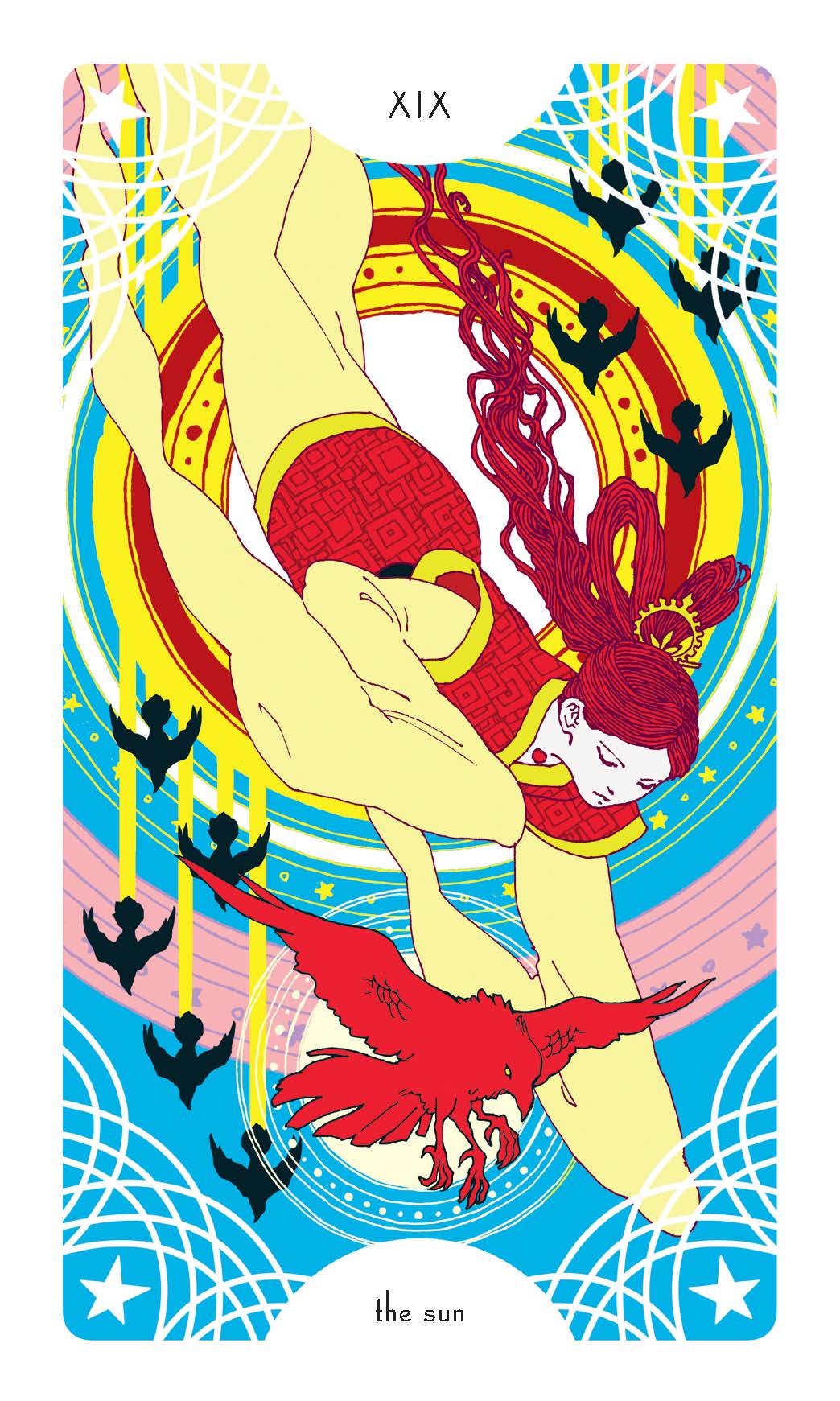 Colorful tarot card featuring a woman in a red dress with a bird, against a vibrant background.