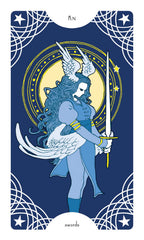 Tarot card featuring a winged figure with a sword on a blue background