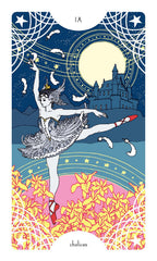 Tarot card featuring a dancer with a castle and moon in the background