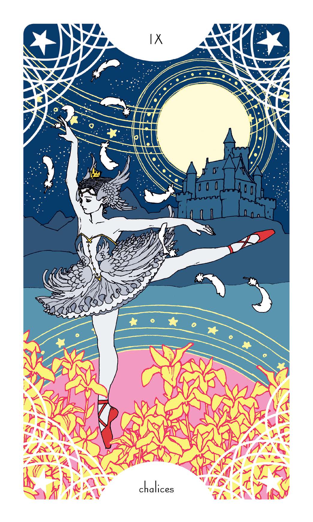 Tarot card featuring a dancer with a castle and moon in the background