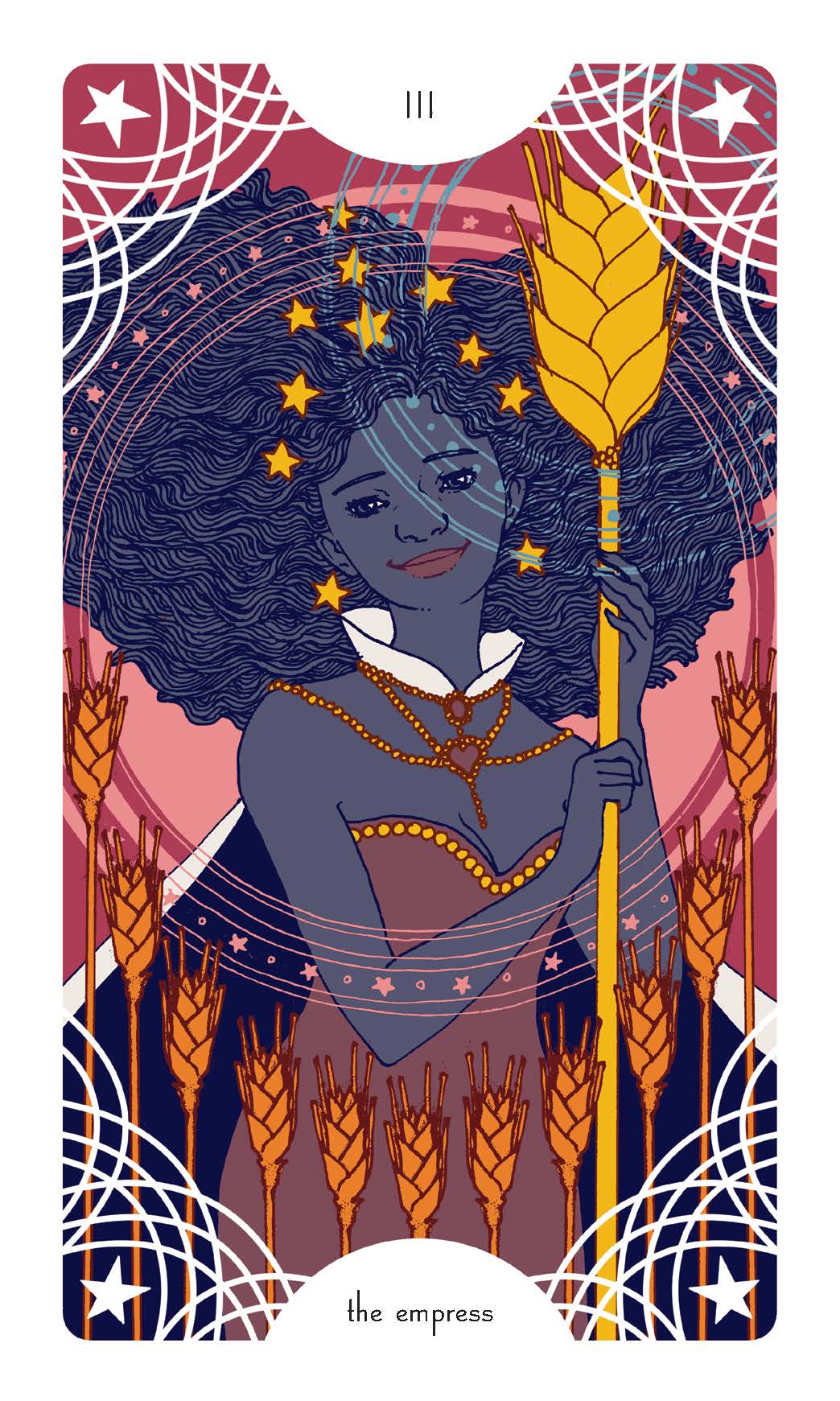 Tarot card featuring a woman holding a staff with stars and wheat, labeled 'The Empress'.