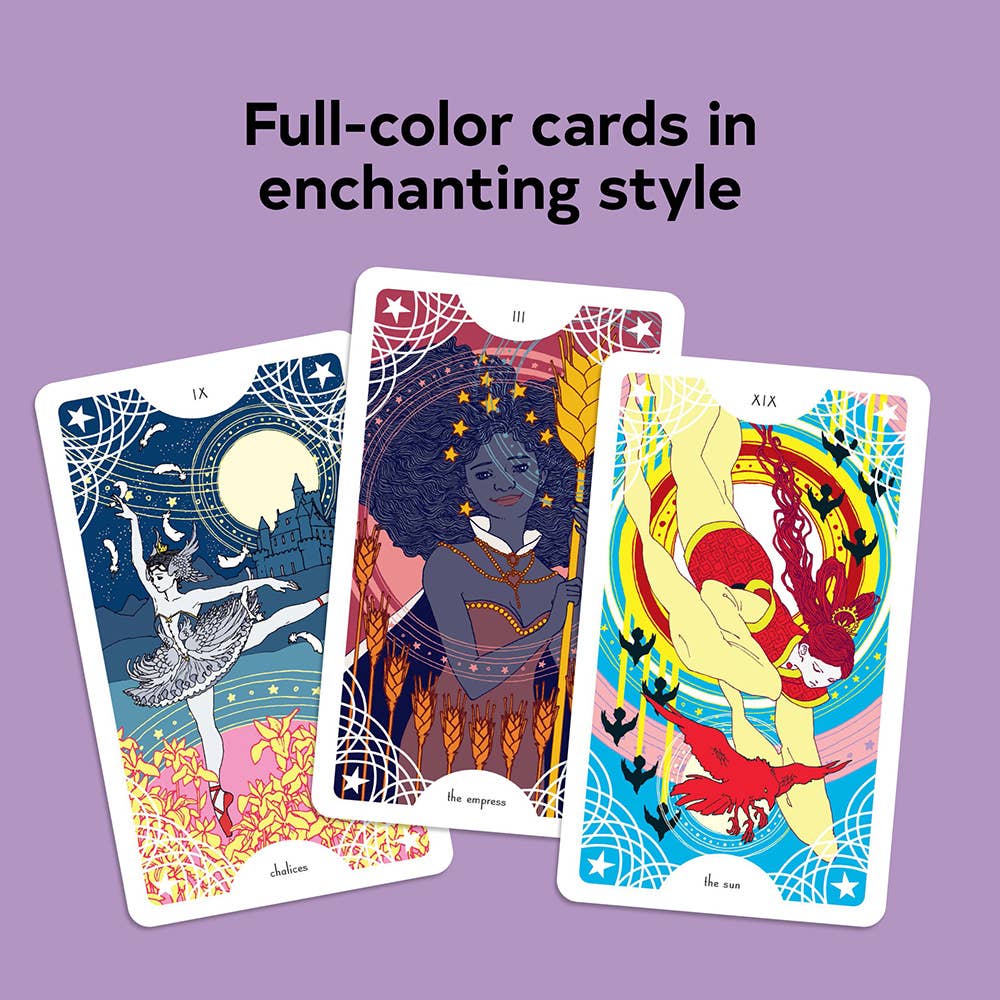 Three tarot cards with colorful designs on a purple background, featuring text 'Full-color cards in enchanting style'.