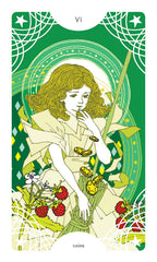 Vintage-style tarot card with a young girl, butterflies, and strawberries on a green background.