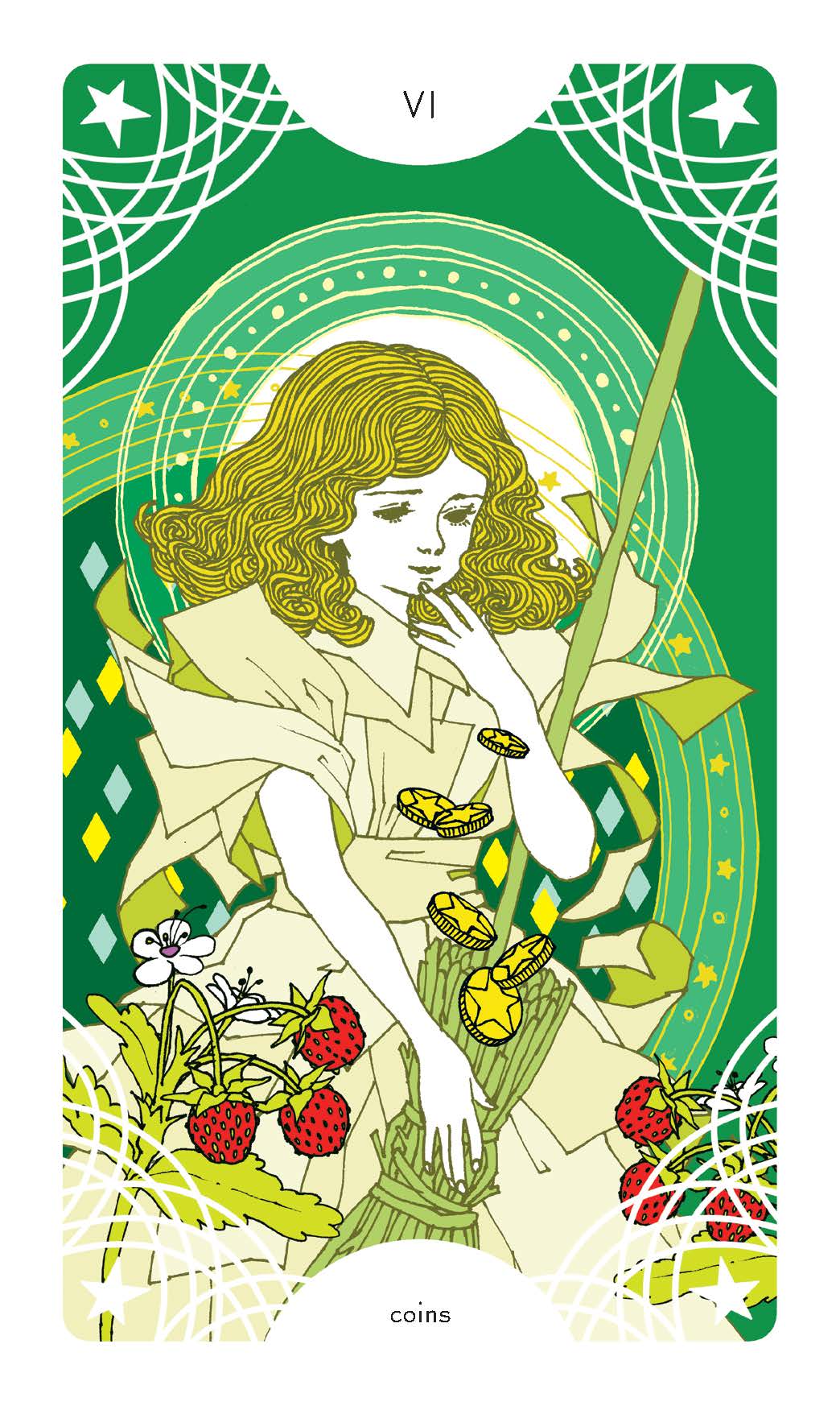 Vintage-style tarot card with a young girl, butterflies, and strawberries on a green background.