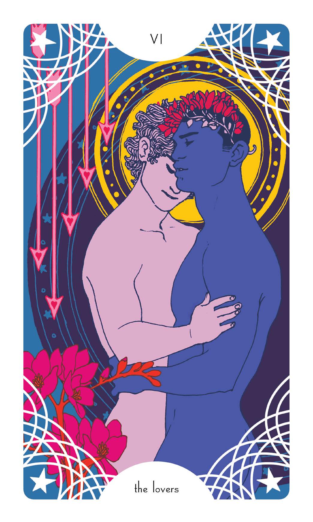 Artistic depiction of 'The Lovers' tarot card with two figures embracing, surrounded by decorative elements.