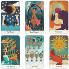 Six tarot cards with illustrations and text