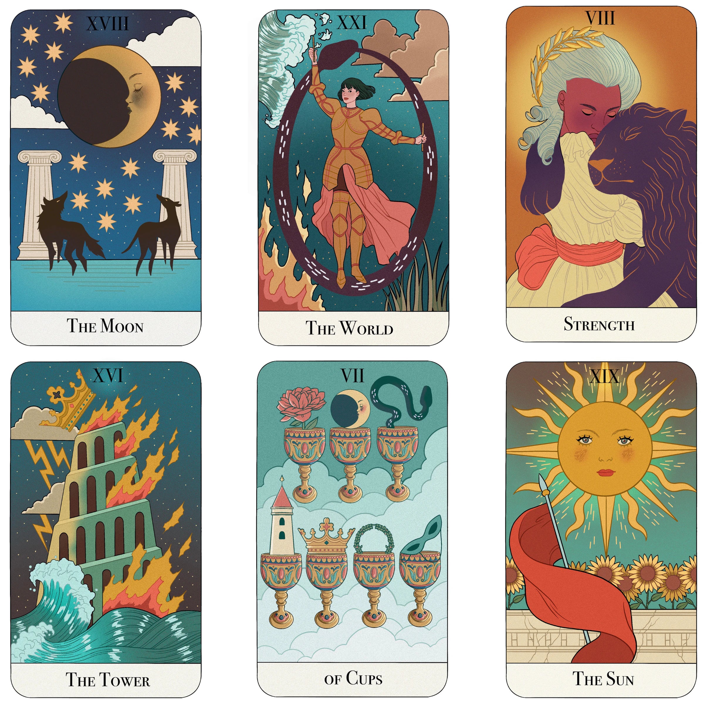Six tarot cards with illustrations and text