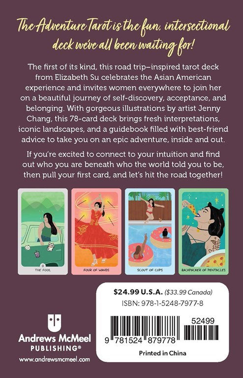Back cover of the Adventure Tarot deck by Andrews McMeel Publishing, featuring a dark plum background with gold title text, descriptive copy, four illustrated tarot cards, and a barcode with price and ISBN.