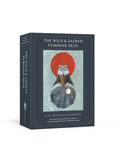 Card deck packaging titled 'The Wild & Sacred Feminine Deck' with a wolf illustration on a white background.