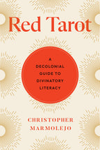 Book cover of 'Red Tarot' with red circle and gold sunburst patterns on beige background