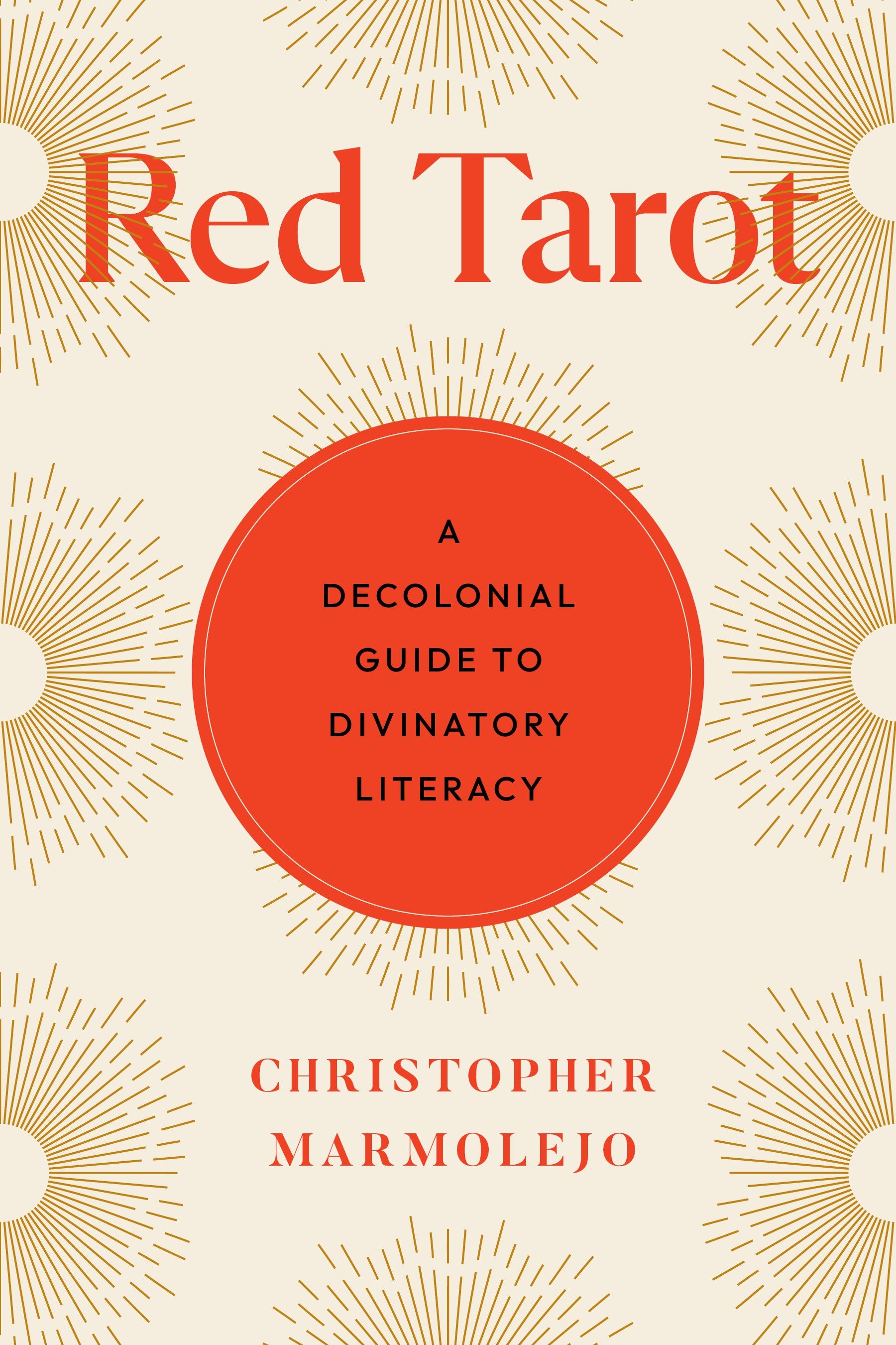 Book cover of 'Red Tarot' with red circle and gold sunburst patterns on beige background