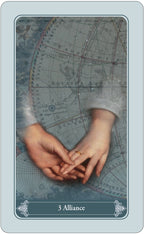 Tarot card titled '3 Alliance' with two hands holding a ring against a map background