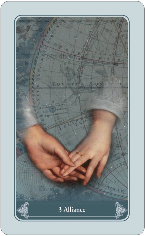 Tarot card titled '3 Alliance' with two hands holding a ring against a map background