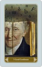 Card with a face superimposed on an open book, titled '5 Good Gentleman'.