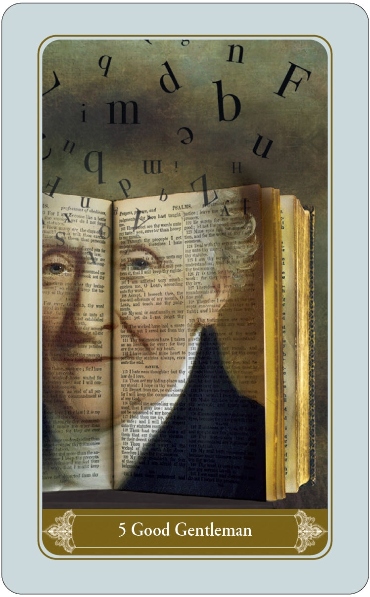 Card with a face superimposed on an open book, titled '5 Good Gentleman'.